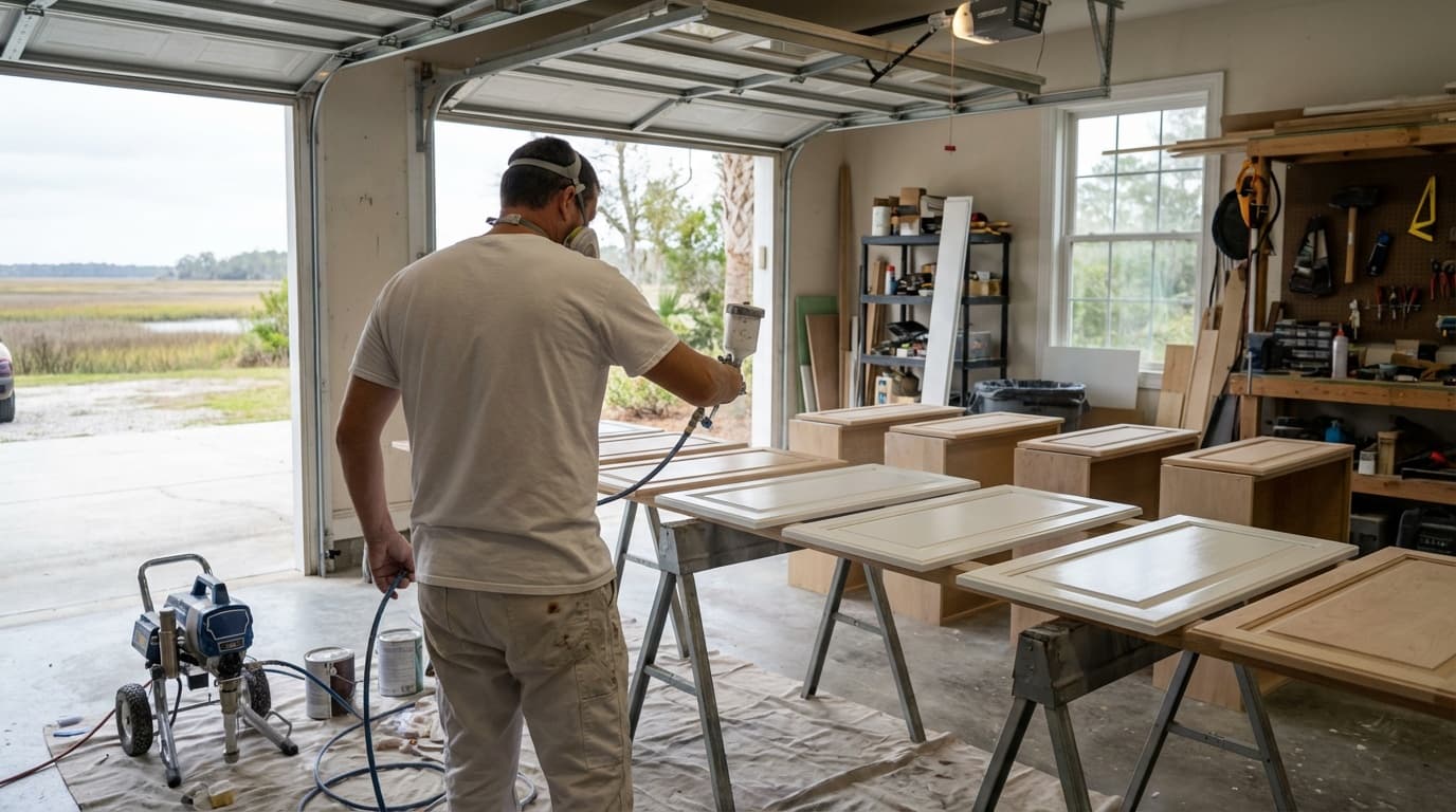Painter spraying cabinet doors