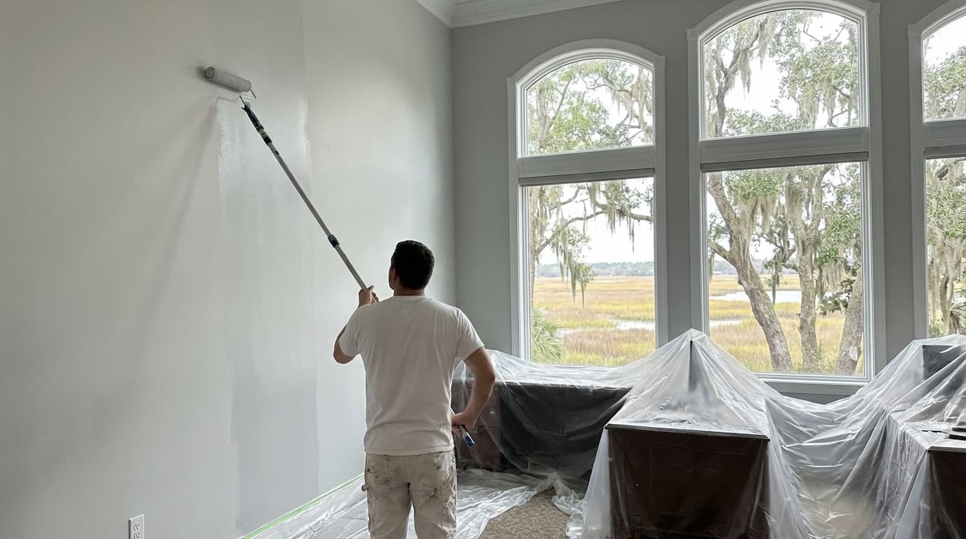 Painter rolling tall office wall