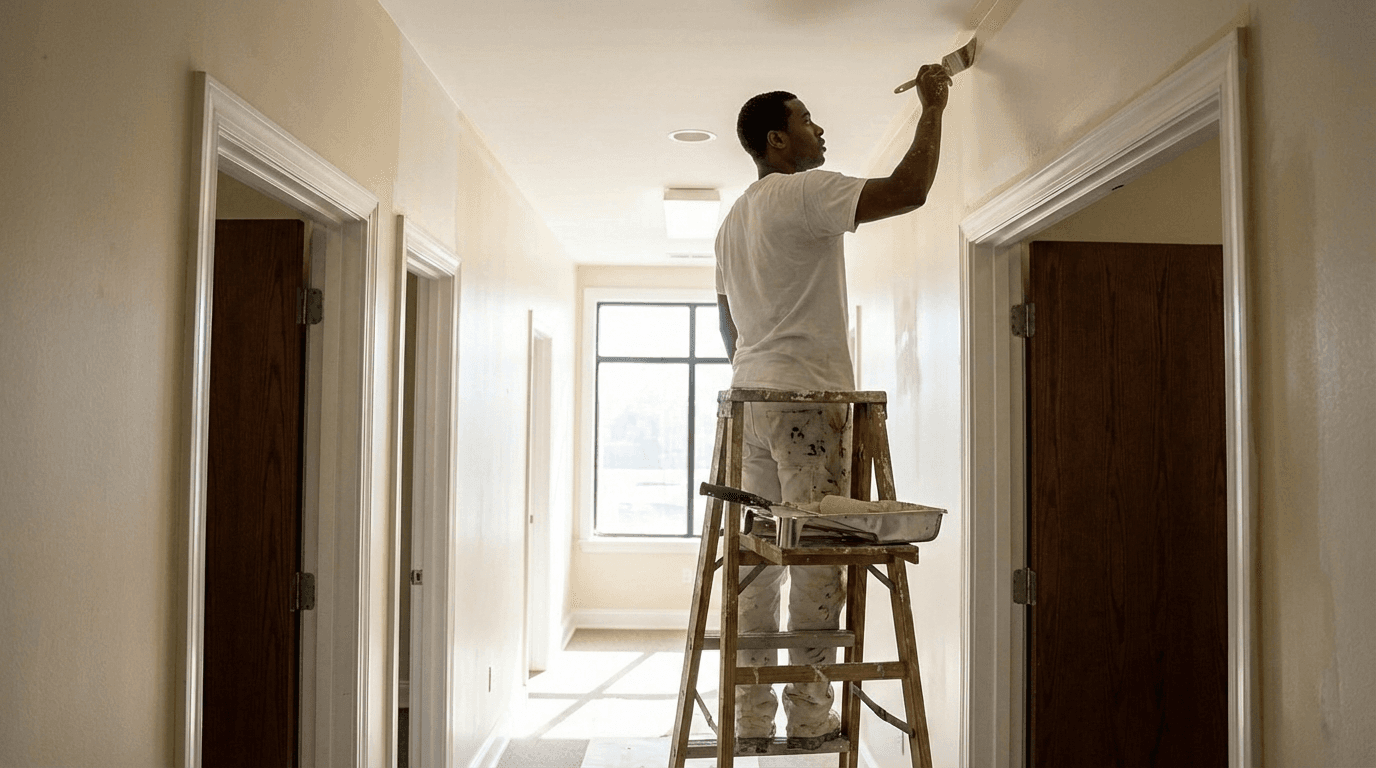 Professional painter on ladder painting commercial hallway ceiling