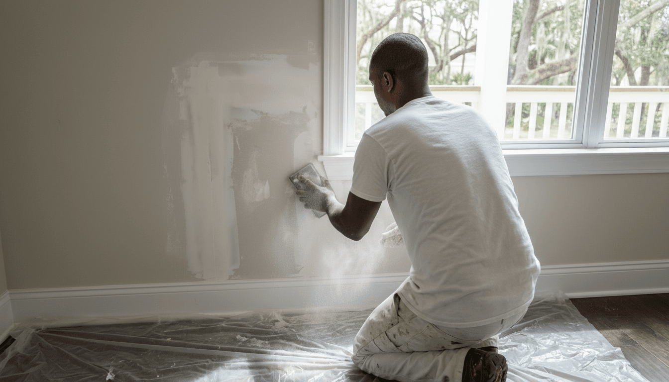 Painter applying drywall compound from ladder