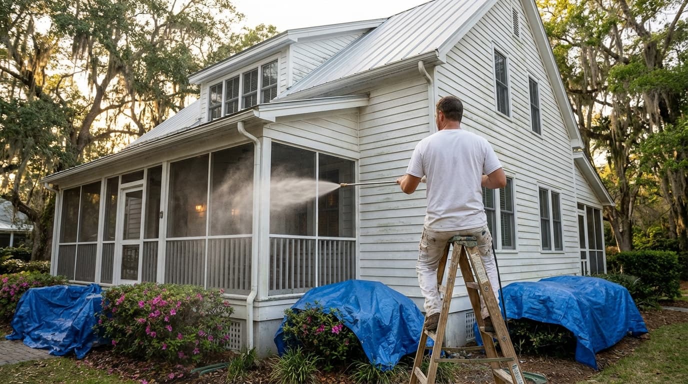 Worker soft washing home siding from ladder