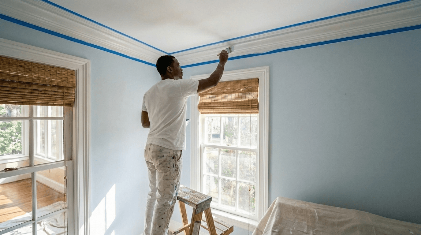 Painter working on crown molding