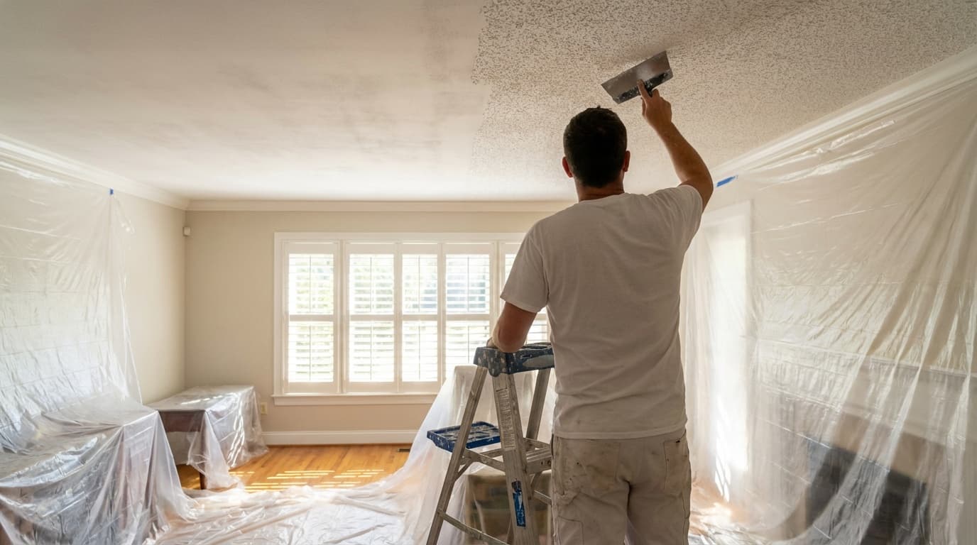 Painter scraping popcorn ceiling from ladder